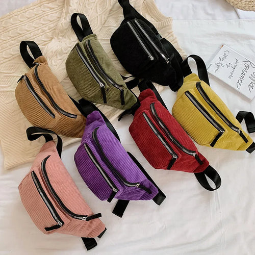 Corduroy Designer Zipper Sport Travel Waist Pack for Women