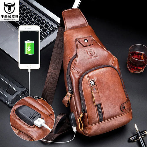 2023 NEW Men's 100% Cowhide Leather Casual Fashion Travel Shoulder Bag Daypack; USB Charging